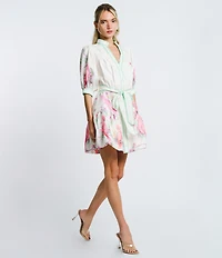 CIEBON Ashton Bird Print Collared V-Neck Short Sleeve A-Line Mini Dress