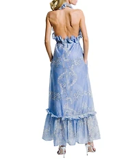 CIEBON Bronya Printed Voile Ruffle Halter Neck Sleeveless A-Line Maxi Dress