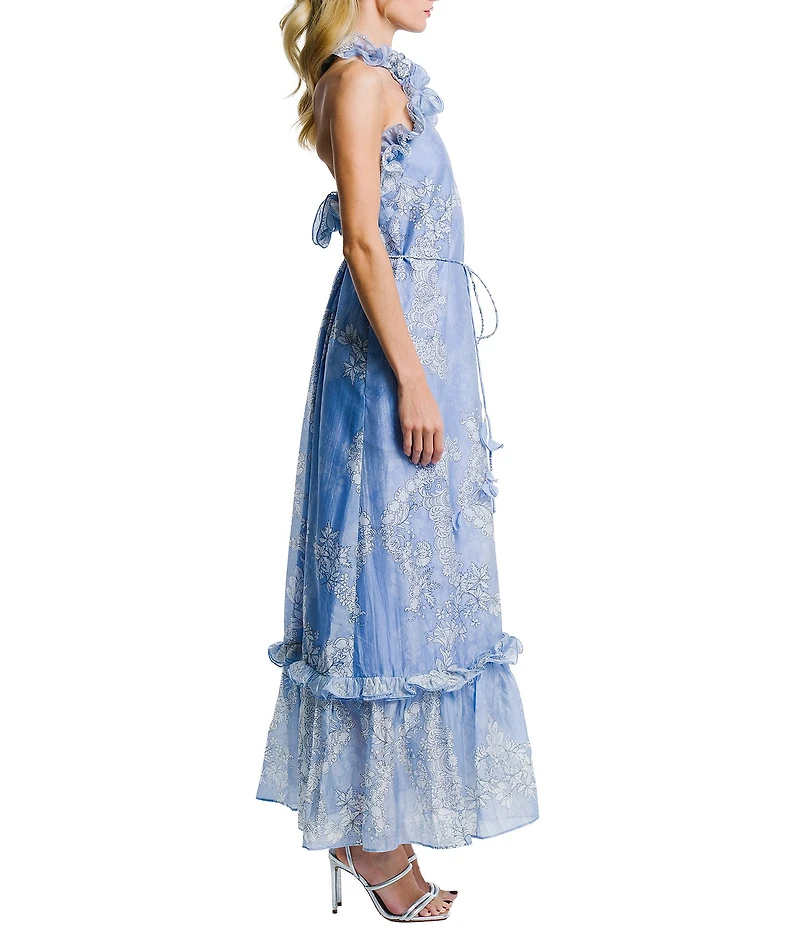 CIEBON Bronya Printed Voile Ruffle Halter Neck Sleeveless A-Line Maxi Dress