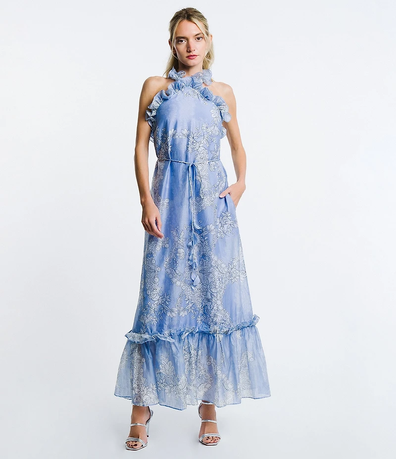 CIEBON Bronya Printed Voile Ruffle Halter Neck Sleeveless A-Line Maxi Dress