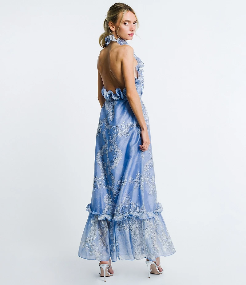 CIEBON Bronya Printed Voile Ruffle Halter Neck Sleeveless A-Line Maxi Dress