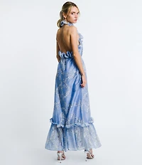 CIEBON Bronya Printed Voile Ruffle Halter Neck Sleeveless A-Line Maxi Dress