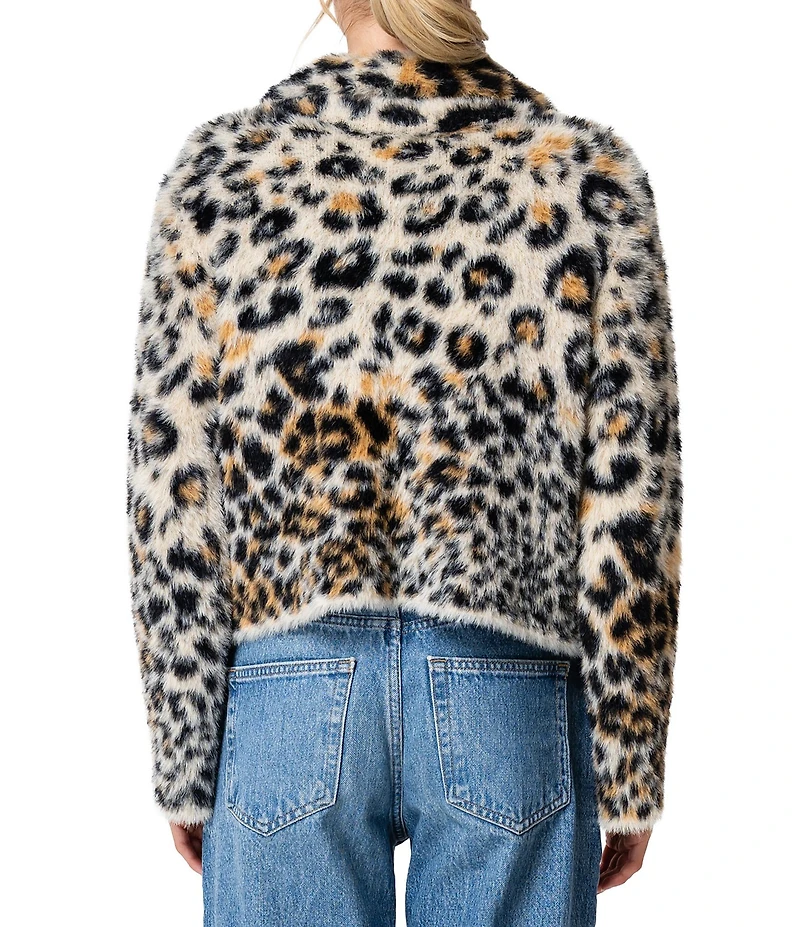 CIEBON Bruna Animal Print Faux Fur Collared Long Sleeve Fuzzy Sweater Cardigan