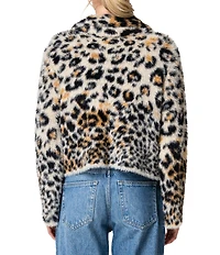 CIEBON Bruna Animal Print Faux Fur Collared Long Sleeve Fuzzy Sweater Cardigan