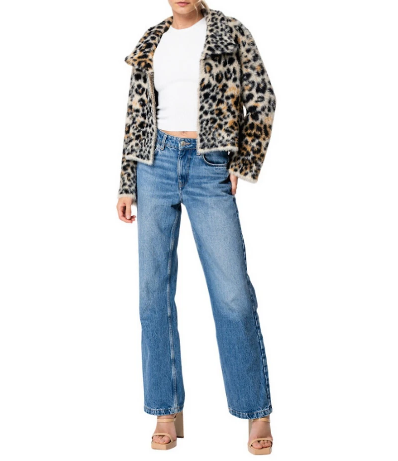 CIEBON Bruna Animal Print Faux Fur Collared Long Sleeve Fuzzy Sweater Cardigan