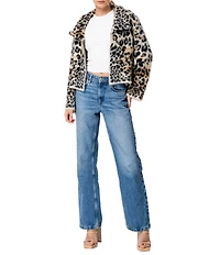 CIEBON Bruna Animal Print Faux Fur Collared Long Sleeve Fuzzy Sweater Cardigan