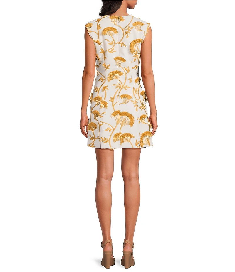 CIEBON Casia 3D Floral Embroidered Linen Blend V-Notch Neckline Sleeveless Sheath Mini Dress