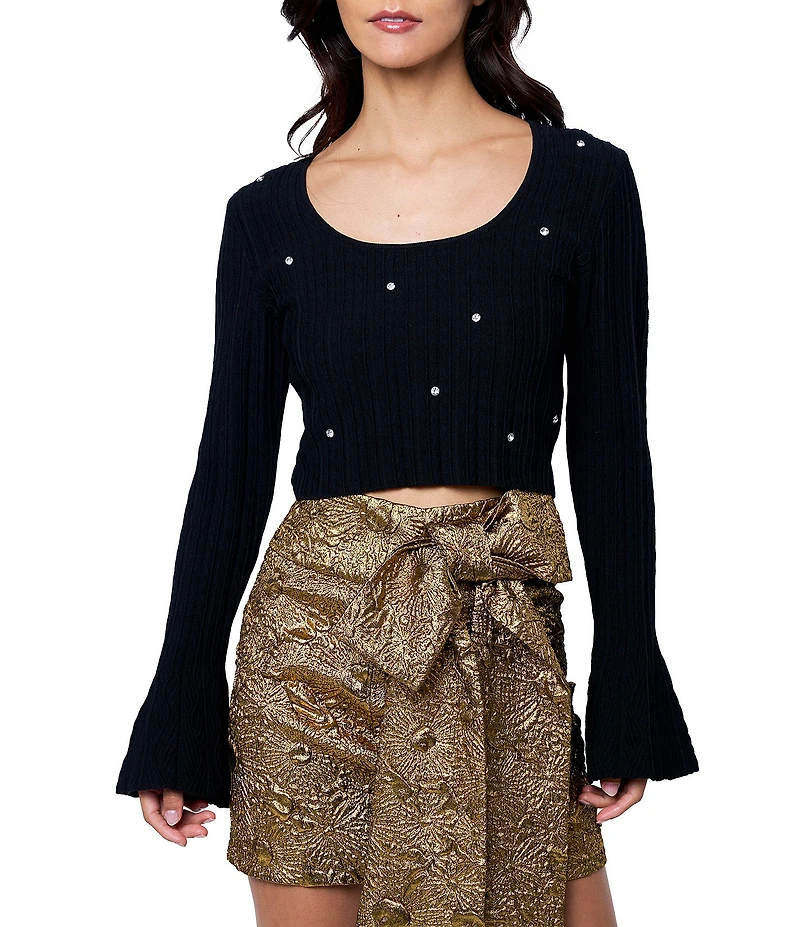 CIEBON Cayla Jeweled Scoop Neck Long Bell Sleeve Ribbed Knit Top