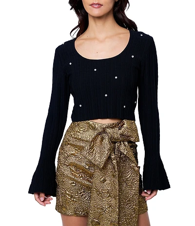 CIEBON Cayla Jeweled Scoop Neck Long Bell Sleeve Ribbed Knit Top