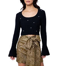 CIEBON Cayla Jeweled Scoop Neck Long Bell Sleeve Ribbed Knit Top