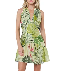 CIEBON Citron Tropical Print Halter V-Neck Sleeveless Voile Mini Dress