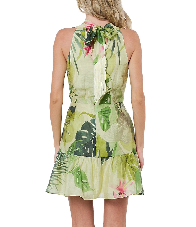 CIEBON Citron Tropical Print Halter V-Neck Sleeveless Voile Mini Dress