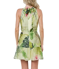 CIEBON Citron Tropical Print Halter V-Neck Sleeveless Voile Mini Dress