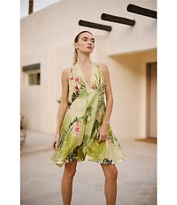 CIEBON Citron Tropical Print Halter V-Neck Sleeveless Voile Mini Dress