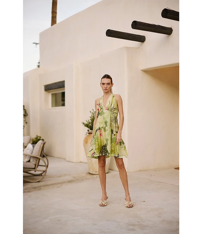 CIEBON Citron Tropical Print Halter V-Neck Sleeveless Voile Mini Dress