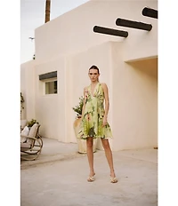 CIEBON Citron Tropical Print Halter V-Neck Sleeveless Voile Mini Dress