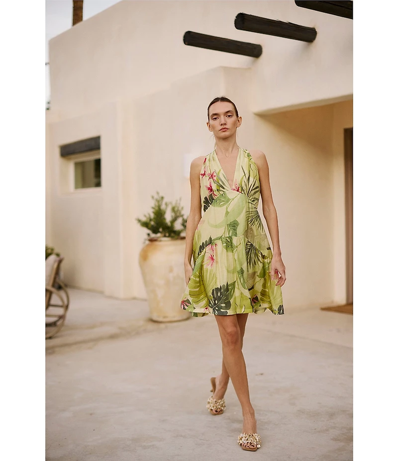 CIEBON Citron Tropical Print Halter V-Neck Sleeveless Voile Mini Dress