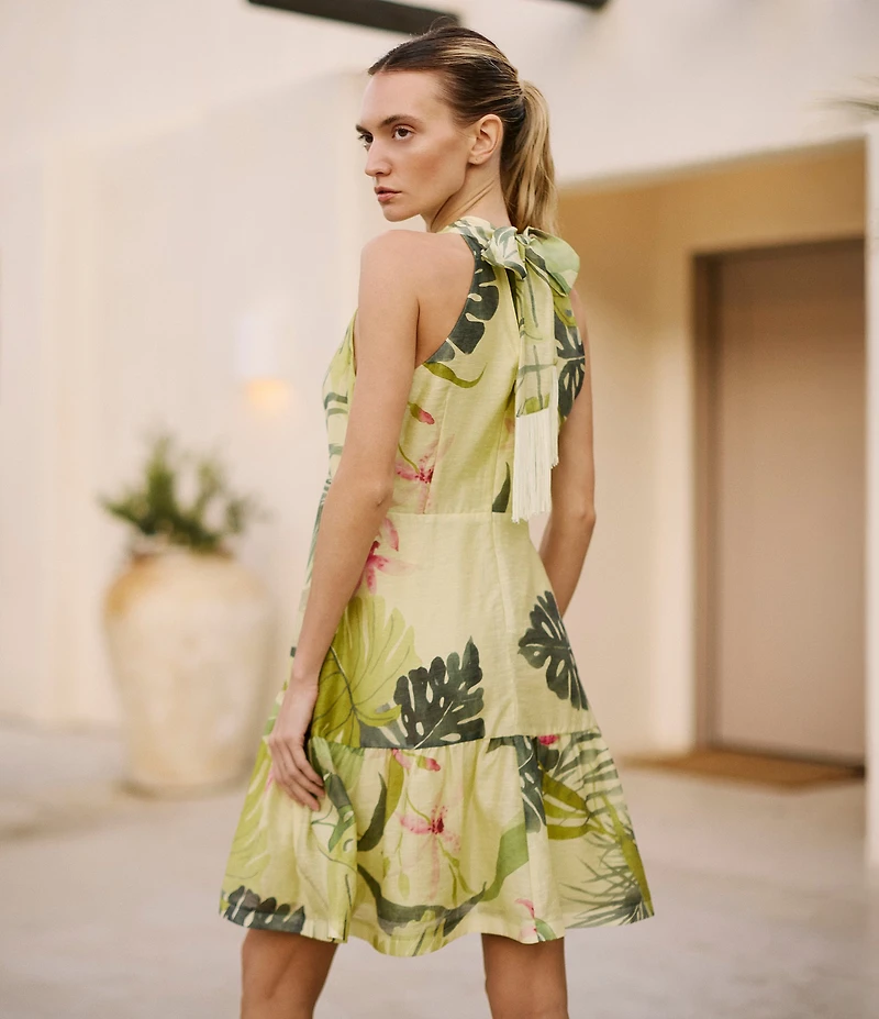 CIEBON Citron Tropical Print Halter V-Neck Sleeveless Voile Mini Dress