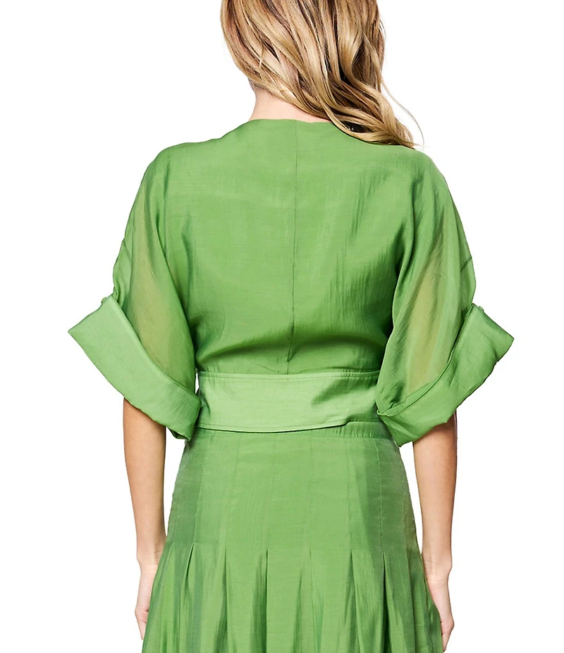 CIEBON Clarisa Solid V-Neck Roll-Tab Sleeve Tie Front Coordinating Crop Top