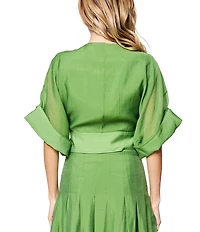 CIEBON Clarisa Solid V-Neck Roll-Tab Sleeve Tie Front Coordinating Crop Top