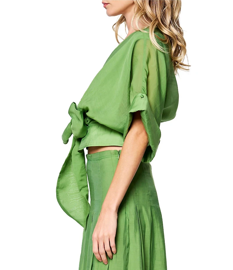 CIEBON Clarisa Solid V-Neck Roll-Tab Sleeve Tie Front Coordinating Crop Top