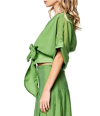 CIEBON Clarisa Solid V-Neck Roll-Tab Sleeve Tie Front Coordinating Crop Top