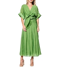 CIEBON Clarisa Solid V-Neck Roll-Tab Sleeve Tie Front Coordinating Crop Top