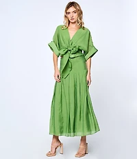 CIEBON Clarisa Solid V-Neck Roll-Tab Sleeve Tie Front Coordinating Crop Top