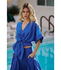 CIEBON Clarisa V-Neck Half Sleeve Tie Front Coordinating Cropped Blouse