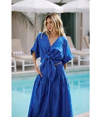 CIEBON Clarisa V-Neck Half Sleeve Tie Front Coordinating Cropped Blouse