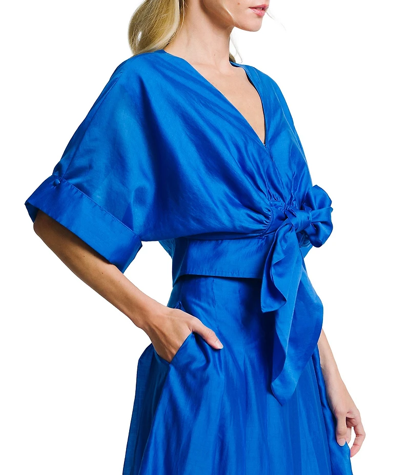 CIEBON Clarisa V-Neck Half Sleeve Tie Front Coordinating Cropped Blouse