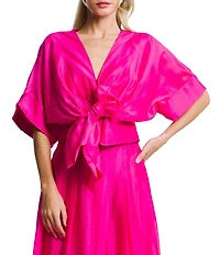 CIEBON Clarisa V-Neck Half Sleeve Tie Front Coordinating Cropped Blouse