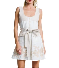 CIEBON Delina Floral Embroidered Scoop Neck Sleeveless Belted A-Line Mini Dress
