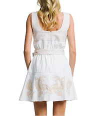 CIEBON Delina Floral Embroidered Scoop Neck Sleeveless Belted A-Line Mini Dress