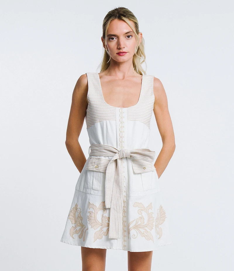 CIEBON Delina Floral Embroidered Scoop Neck Sleeveless Belted A-Line Mini Dress