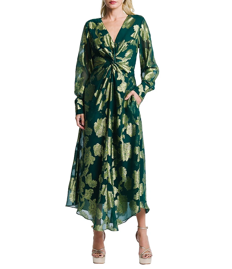 CIEBON Devyn Floral Metallic Jacquard Twist Front V-Neck Long Sleeve Asymmetric Hem Maxi Dress