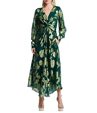 CIEBON Devyn Floral Metallic Jacquard Twist Front V-Neck Long Sleeve Asymmetric Hem Maxi Dress