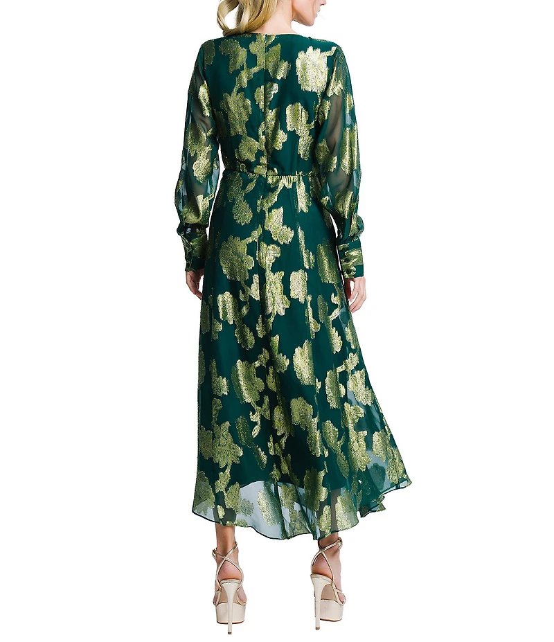 CIEBON Devyn Floral Metallic Jacquard Twist Front V-Neck Long Sleeve Asymmetric Hem Maxi Dress