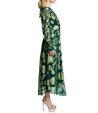 CIEBON Devyn Floral Metallic Jacquard Twist Front V-Neck Long Sleeve Asymmetric Hem Maxi Dress