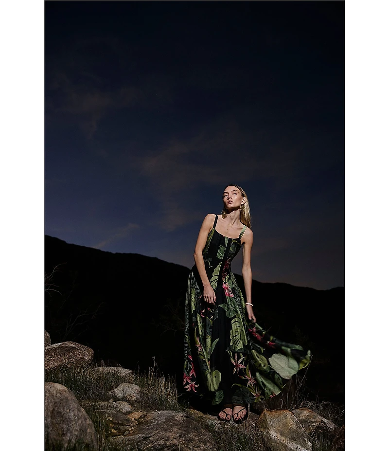 CIEBON Dorothy Tropical Printed Voile Square Neck Sleeveless Maxi Dress
