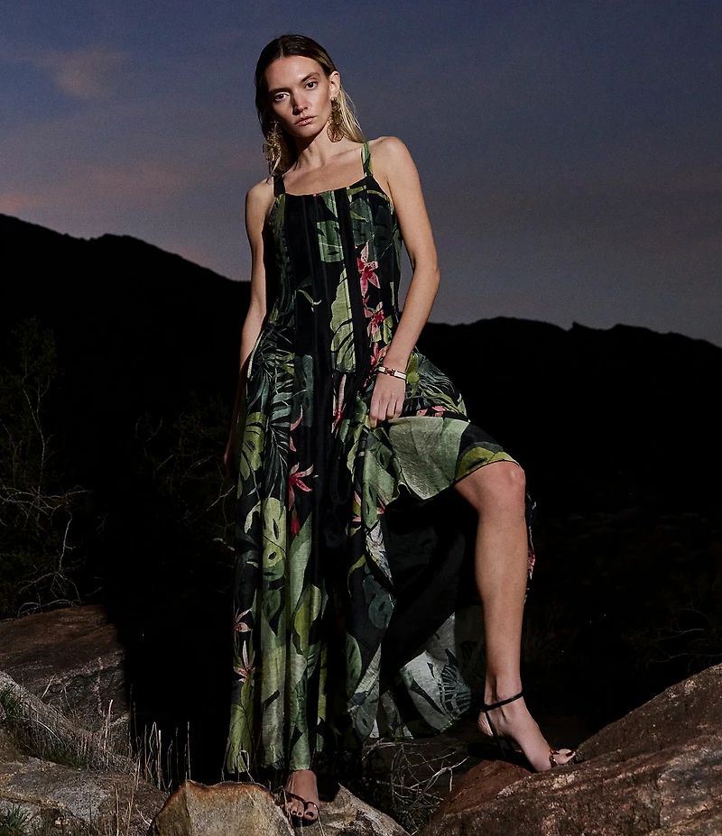 CIEBON Dorothy Tropical Printed Voile Square Neck Sleeveless Maxi Dress