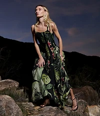 CIEBON Dorothy Tropical Printed Voile Square Neck Sleeveless Maxi Dress