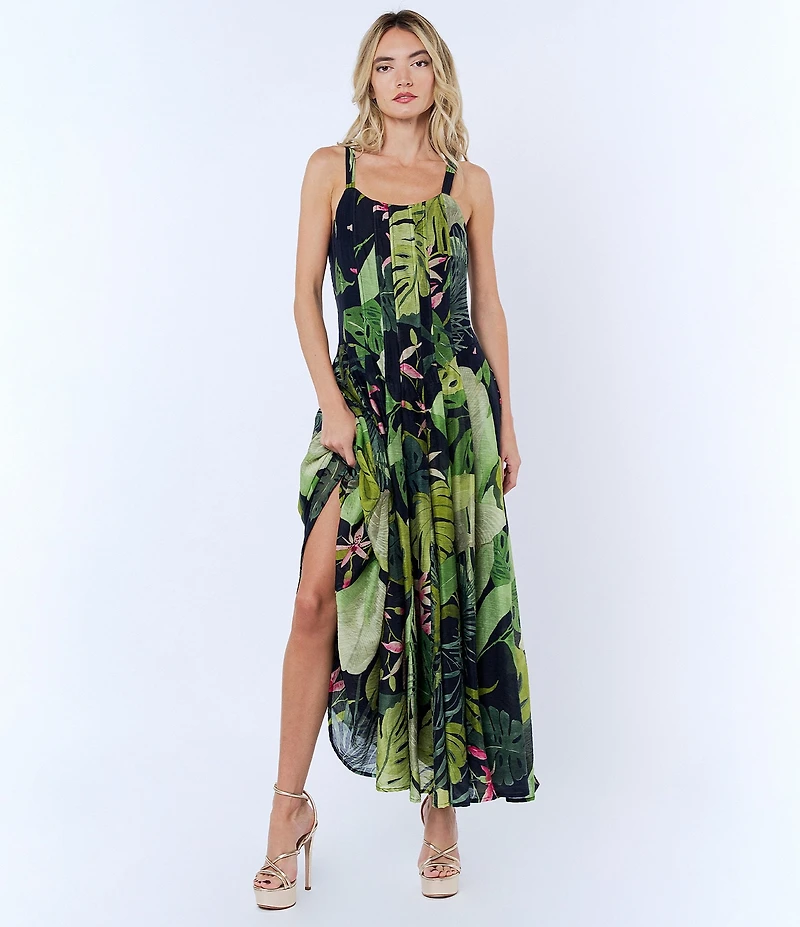 CIEBON Dorothy Tropical Printed Voile Square Neck Sleeveless Maxi Dress