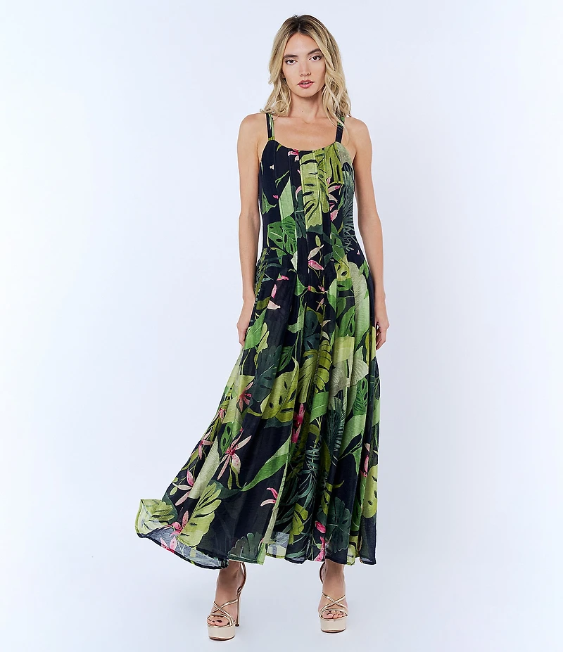 CIEBON Dorothy Tropical Printed Voile Square Neck Sleeveless Maxi Dress