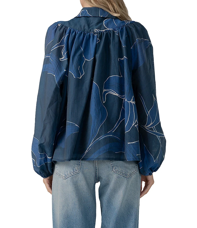 CIEBON Elisa Floral Printed Collared Long Sleeve Popover Top