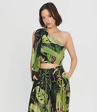 CIEBON Elsy Tropical Printed One-Shoulder Sleeveless Coordinating Voile Top