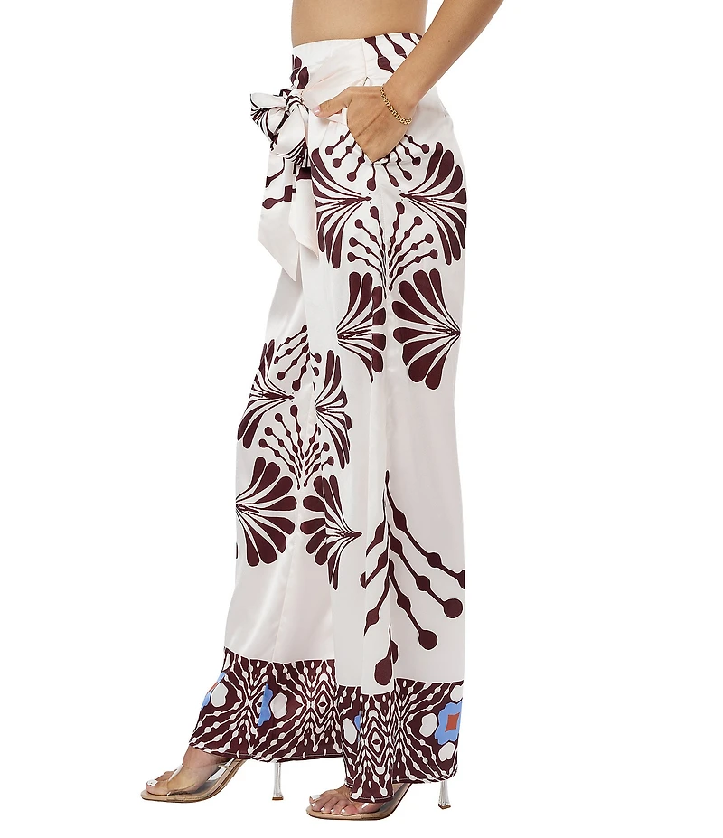CIEBON Emma Printed Satin Faux-Wrap Waist Coordinating Pants
