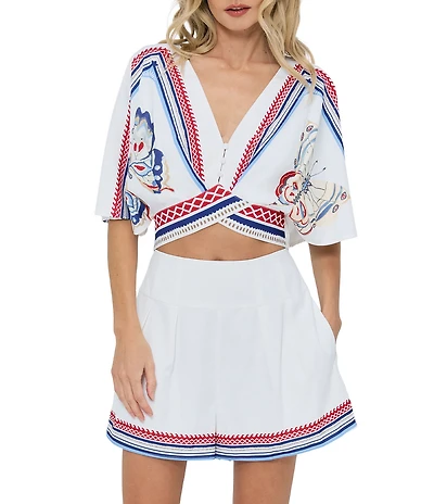 CIEBON Emory Printed V-Neck Flutter Sleeve Coordinating Twill Crop Top