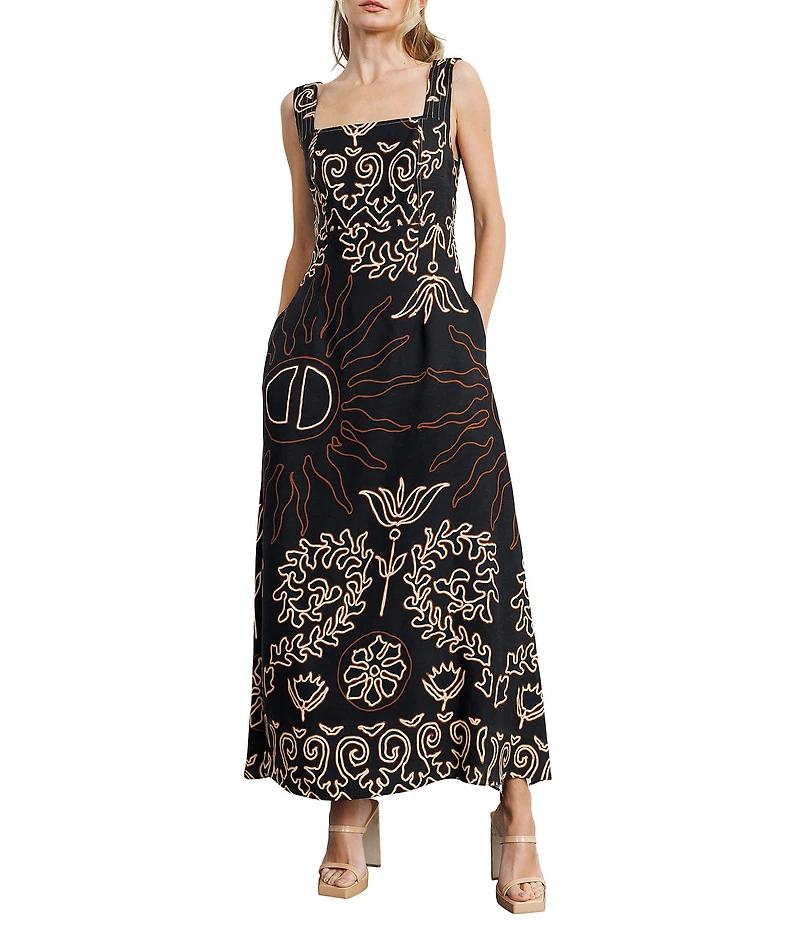 CIEBON Enza Print Poplin Square Neck Sleeveless Topstitched A-Line Maxi Dress