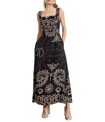 CIEBON Enza Print Poplin Square Neck Sleeveless Topstitched A-Line Maxi Dress